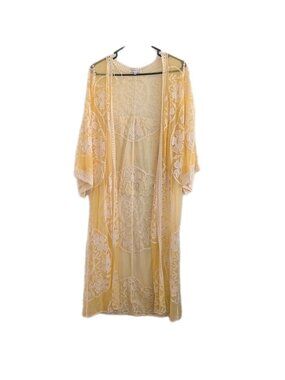 Woodstock Yellow Lace Kimono Duster Boho Hippie 70s Festival Graphic Robe